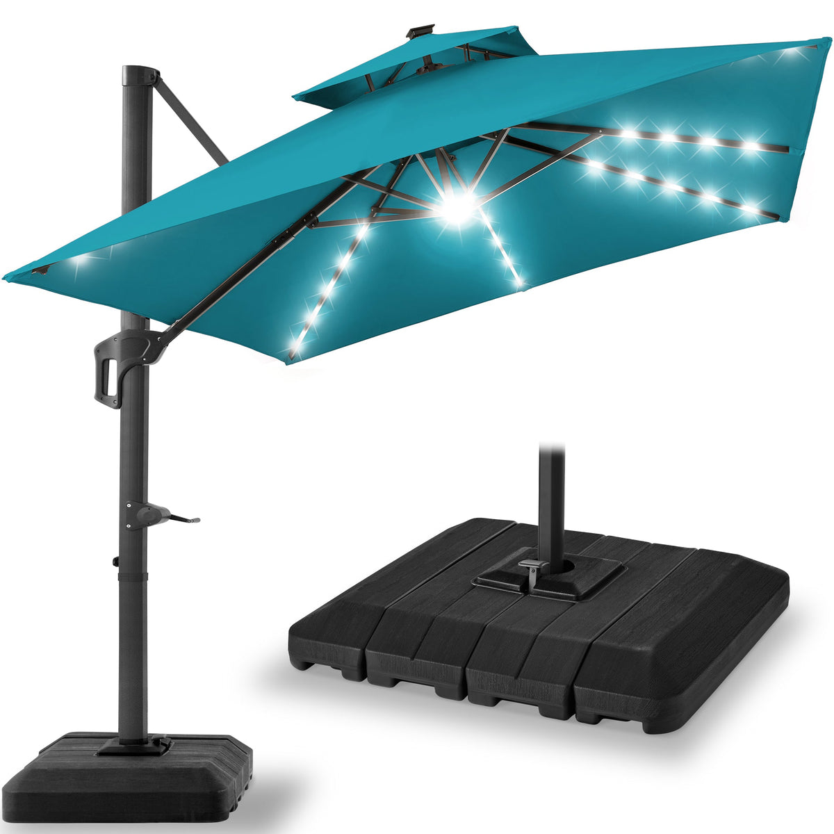 2-Tier Square LED Cantilever Offset Umbrella w/ 360 Rotation, Base - 10x10ft