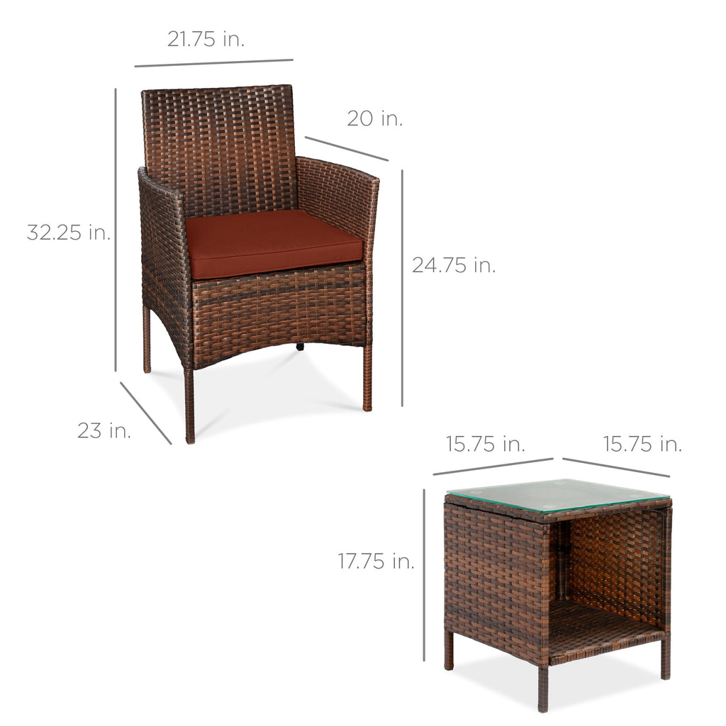 3-Piece Outdoor Patio Wicker Bistro Set w/ Side Storage Table