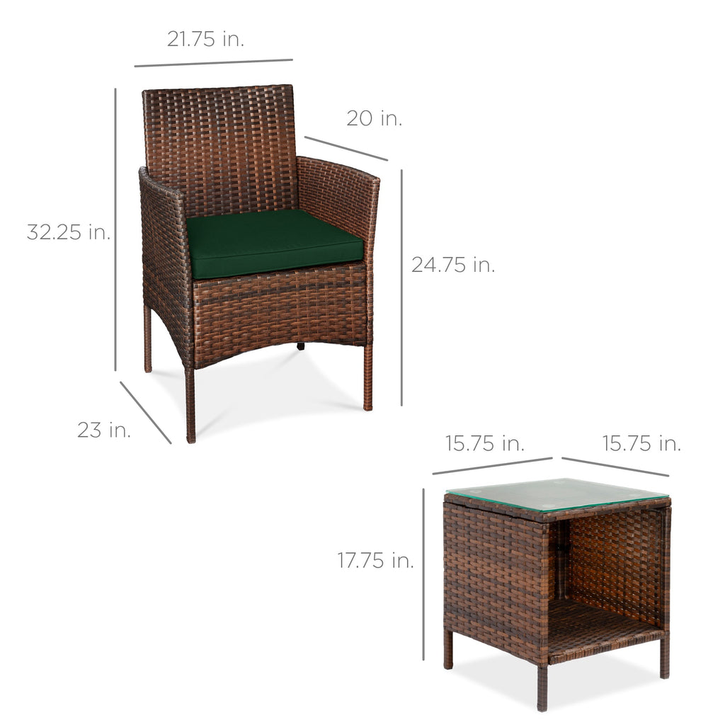 3-Piece Outdoor Patio Wicker Bistro Set w/ Side Storage Table