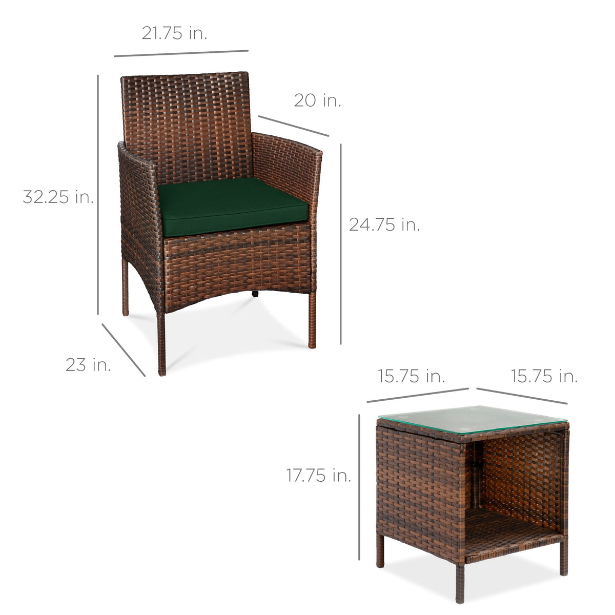 3-Piece Outdoor Patio Wicker Bistro Set w/ Side Storage Table