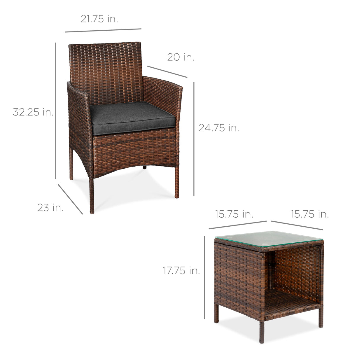 3-Piece Outdoor Patio Wicker Bistro Set w/ Side Storage Table
