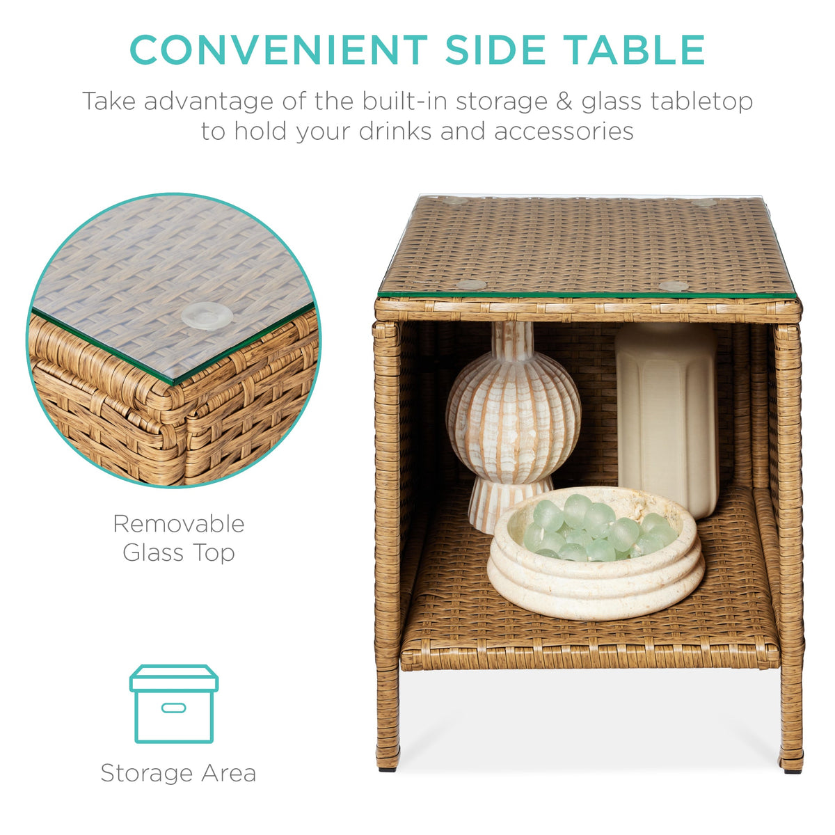 3-Piece Outdoor Patio Wicker Bistro Set w/ Side Storage Table