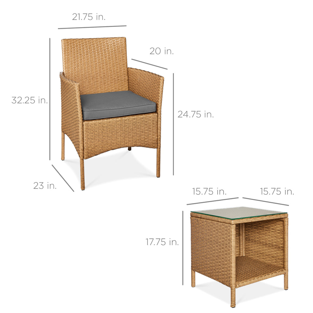 3-Piece Outdoor Patio Wicker Bistro Set w/ Side Storage Table