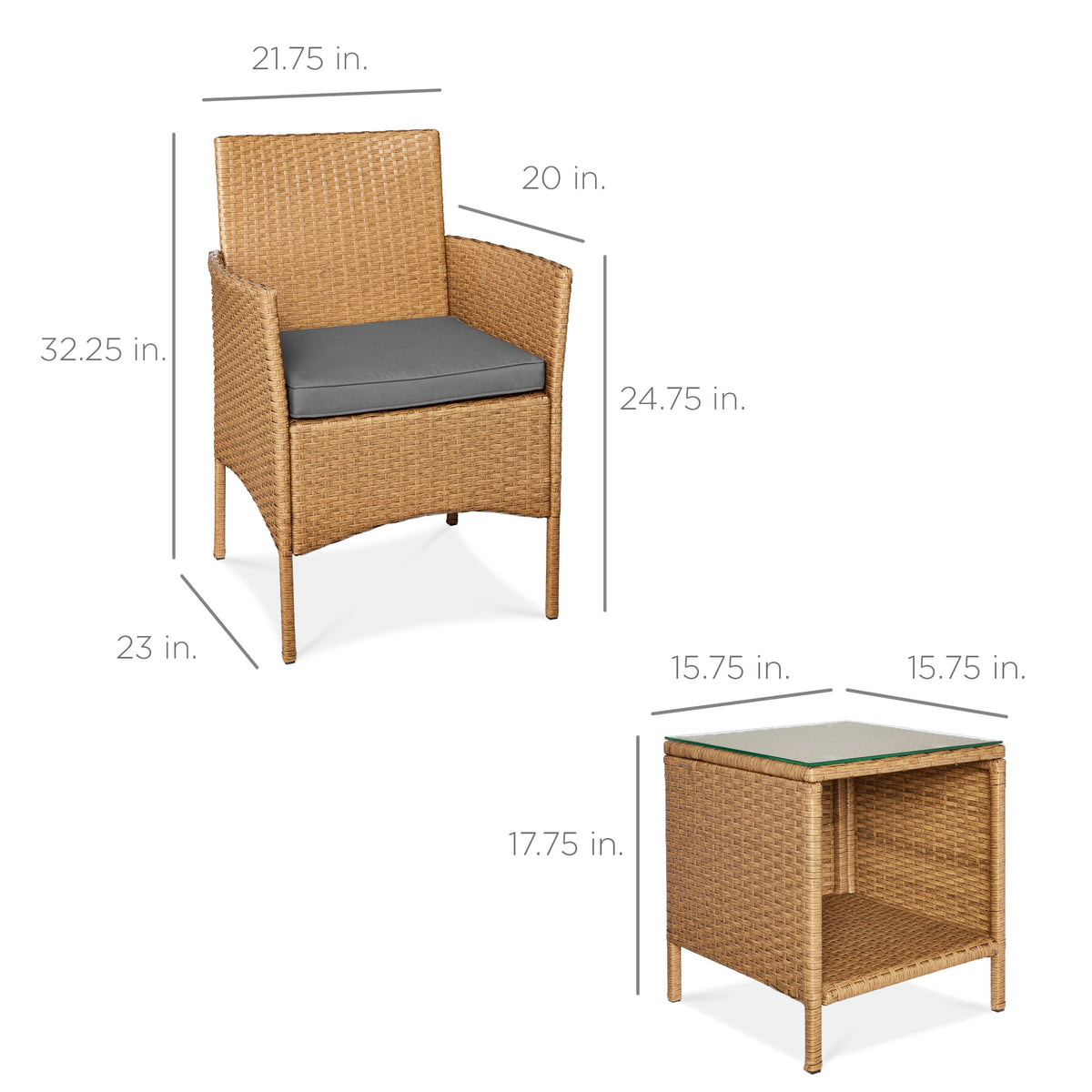 3-Piece Outdoor Patio Wicker Bistro Set w/ Side Storage Table
