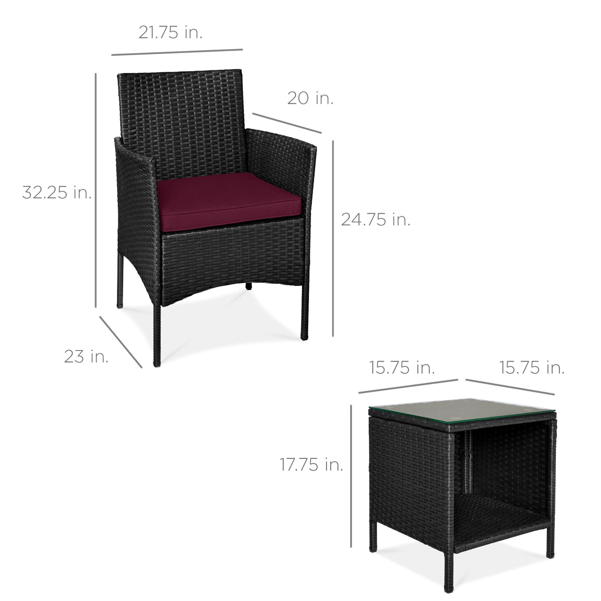 3-Piece Outdoor Patio Wicker Bistro Set w/ Side Storage Table