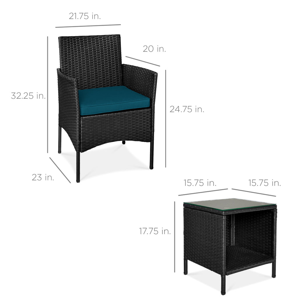 3-Piece Outdoor Patio Wicker Bistro Set w/ Side Storage Table