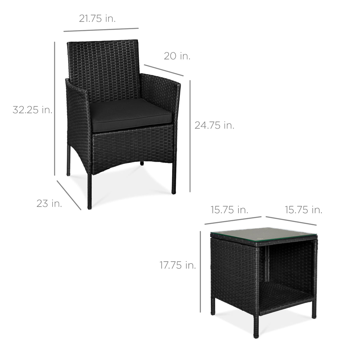 3-Piece Outdoor Patio Wicker Bistro Set w/ Side Storage Table