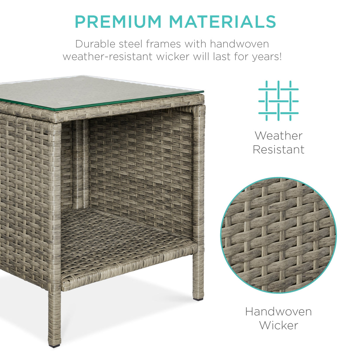 3-Piece Outdoor Patio Wicker Bistro Set w/ Side Storage Table