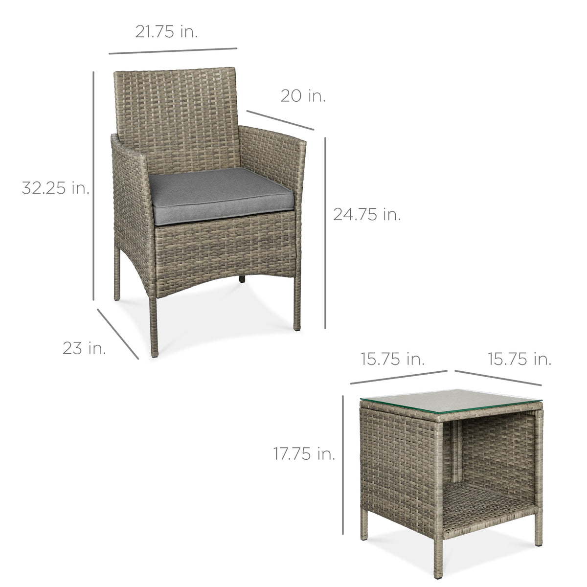 3-Piece Outdoor Patio Wicker Bistro Set w/ Side Storage Table