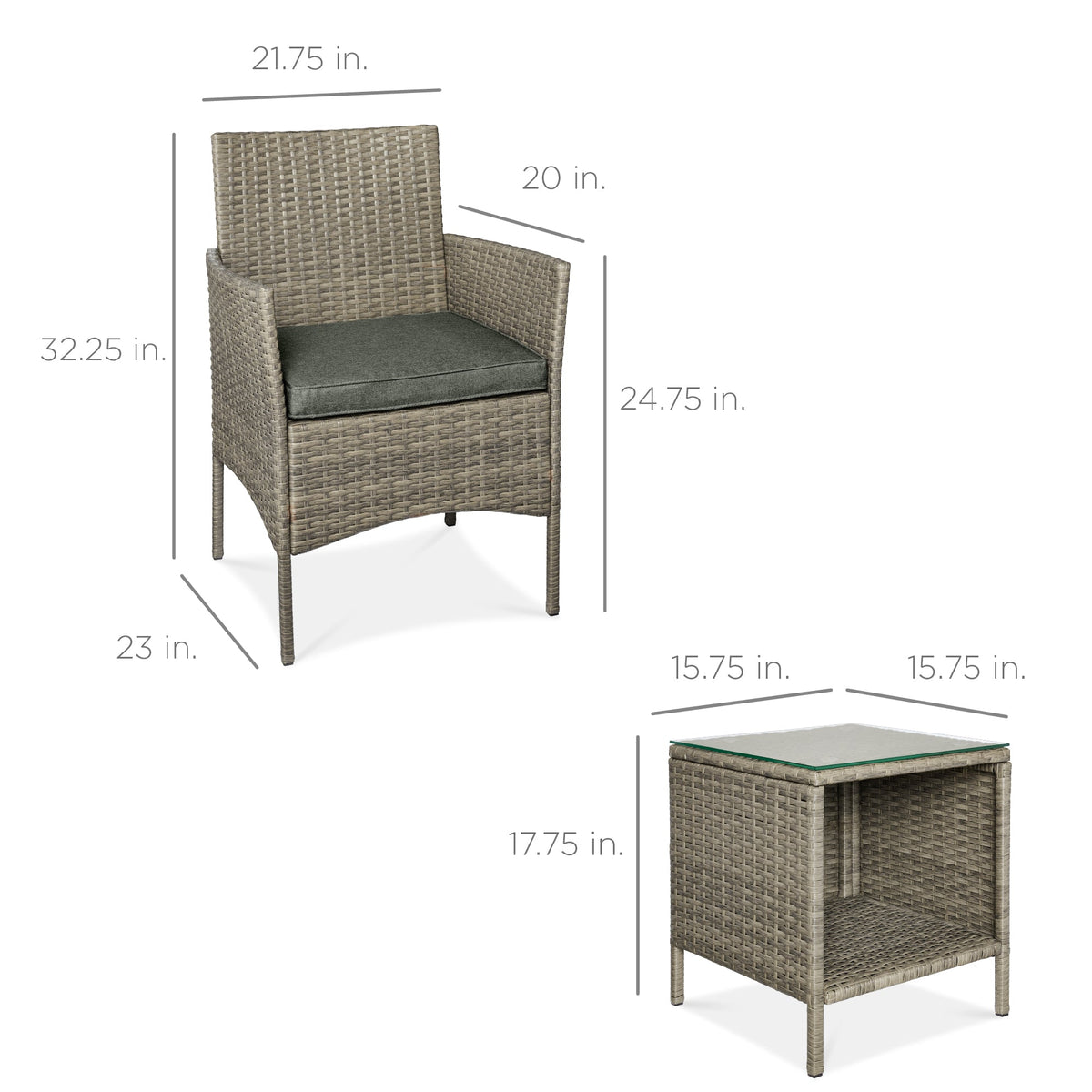 3-Piece Outdoor Patio Wicker Bistro Set w/ Side Storage Table