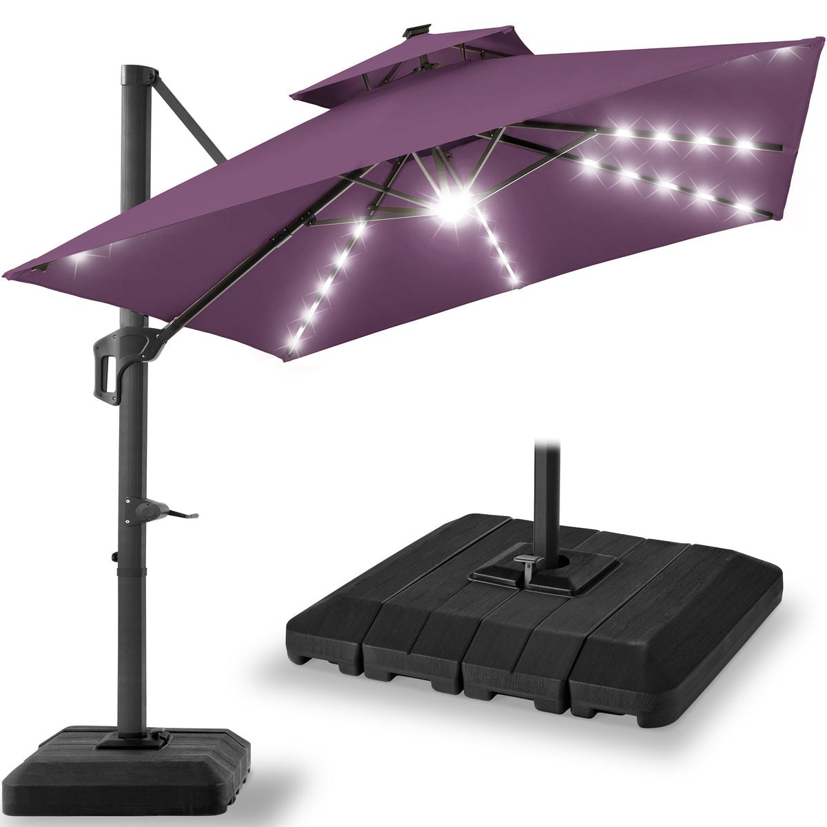 2-Tier Square LED Cantilever Offset Umbrella w/ 360 Rotation, Base - 10x10ft