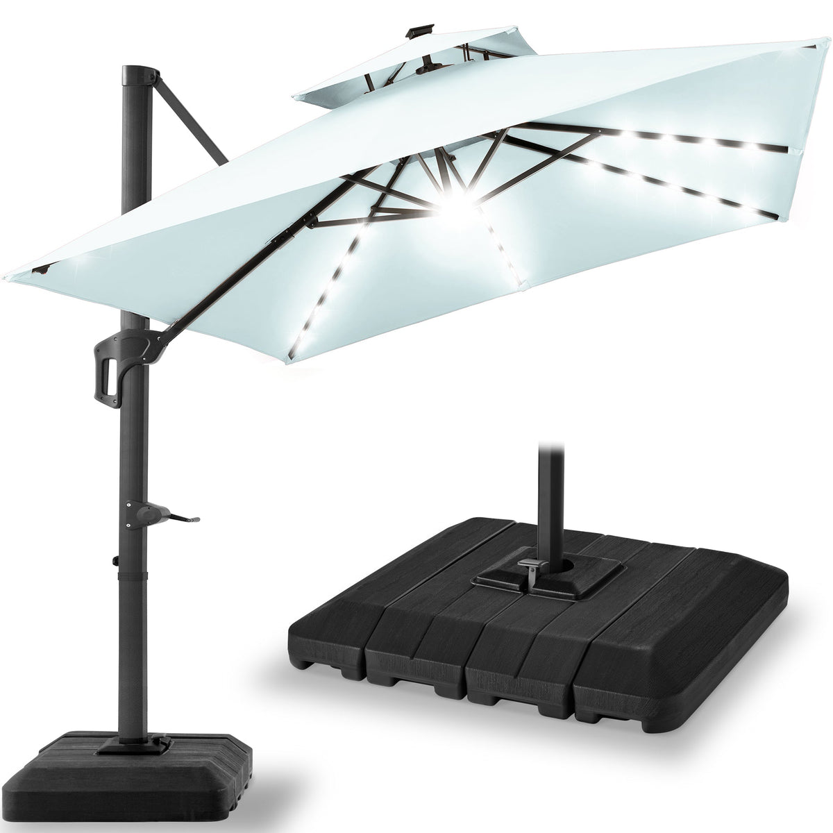 2-Tier Square LED Cantilever Offset Umbrella w/ 360 Rotation, Base - 10x10ft