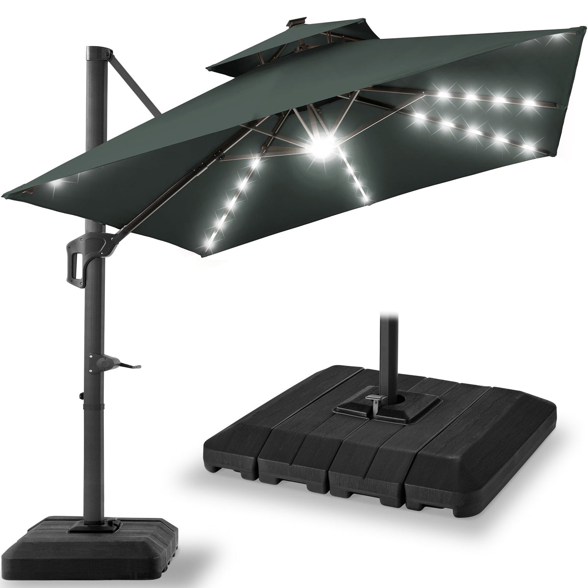 2-Tier Square LED Cantilever Offset Umbrella w/ 360 Rotation, Base - 10x10ft
