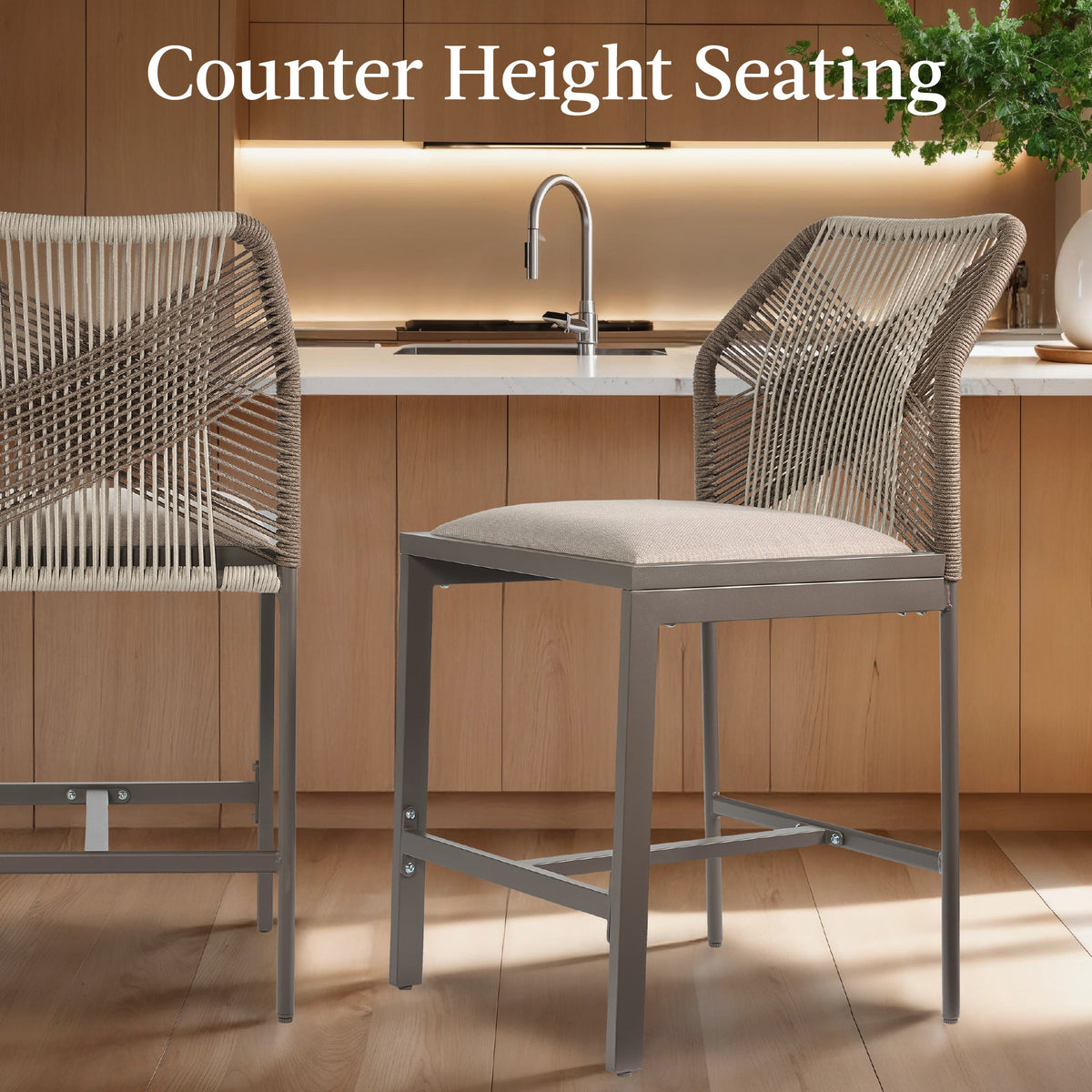 Set of 2 Indoor Outdoor Counter Height Bar Stools w/ All-Weather Rope