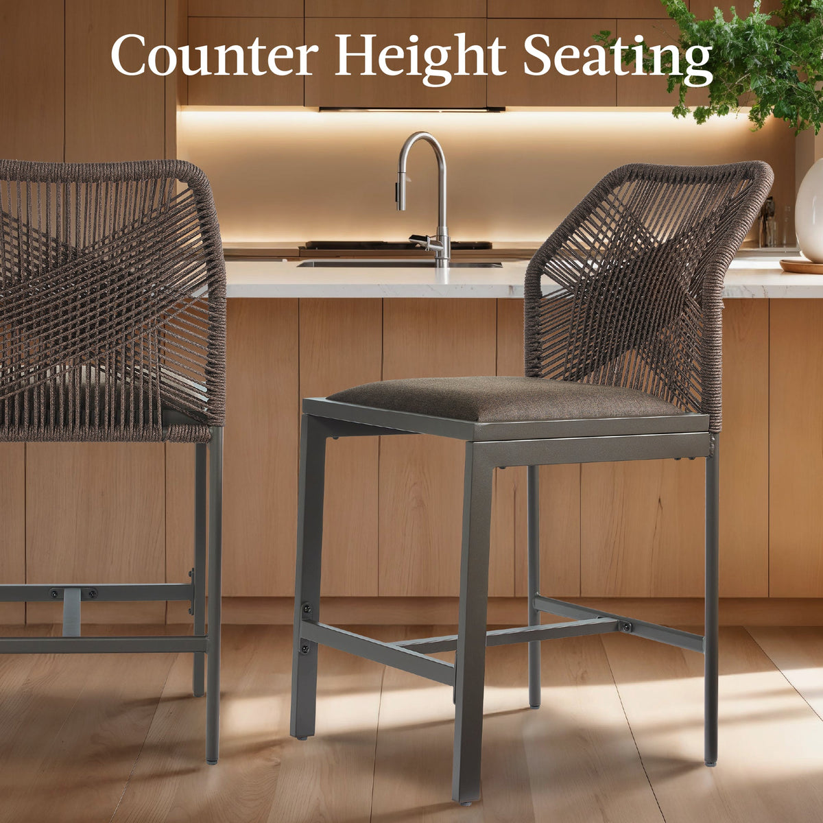 Set of 2 Indoor Outdoor Counter Height Bar Stools w/ All-Weather Rope