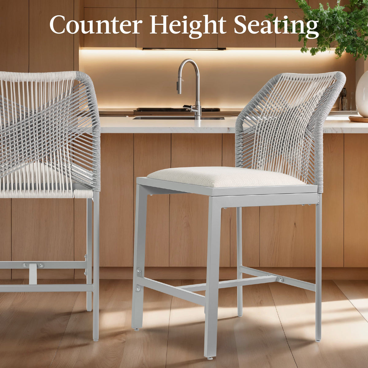 Set of 2 Indoor Outdoor Counter Height Bar Stools w/ All-Weather Rope