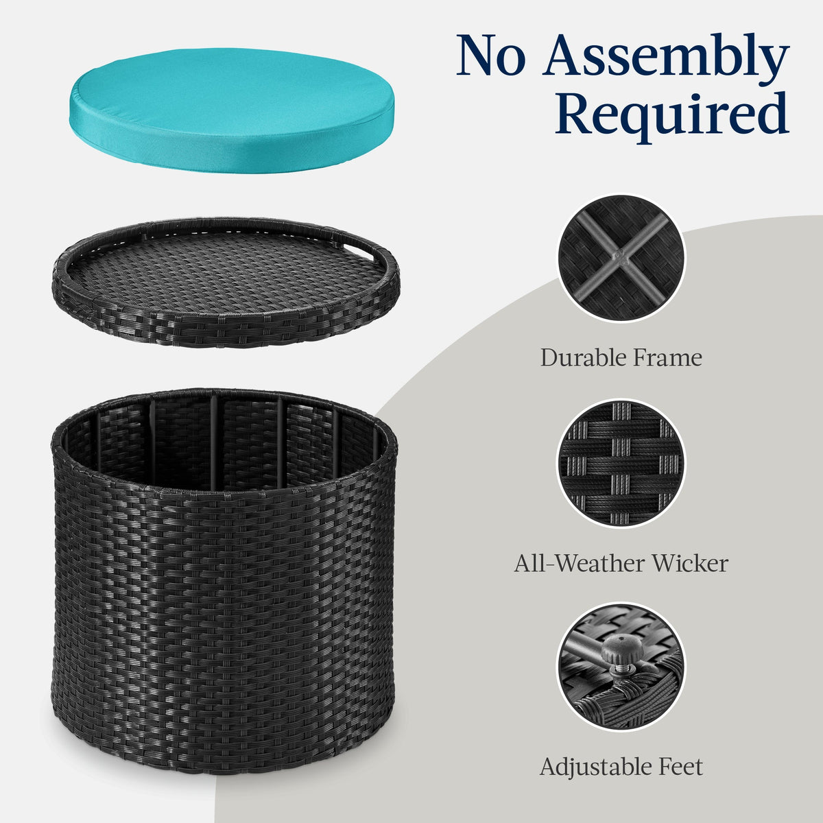 Round Wicker Ottoman, Multipurpose Furniture w/ Removable Cushion