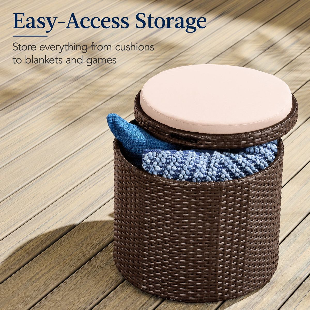 Round Wicker Ottoman, Multipurpose Furniture w/ Removable Cushion