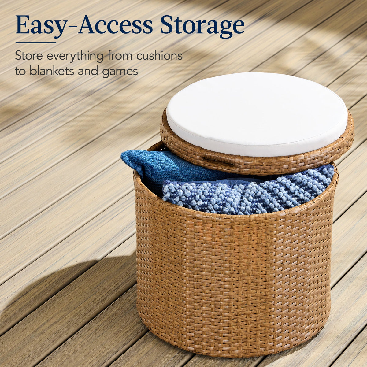 Round Wicker Ottoman, Multipurpose Furniture w/ Removable Cushion