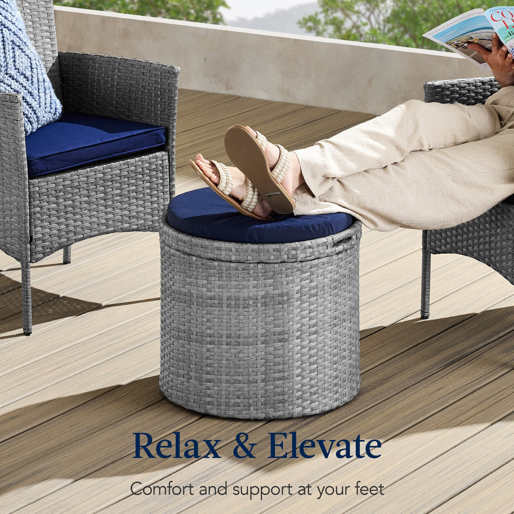 Round Wicker Ottoman, Multipurpose Furniture w/ Removable Cushion