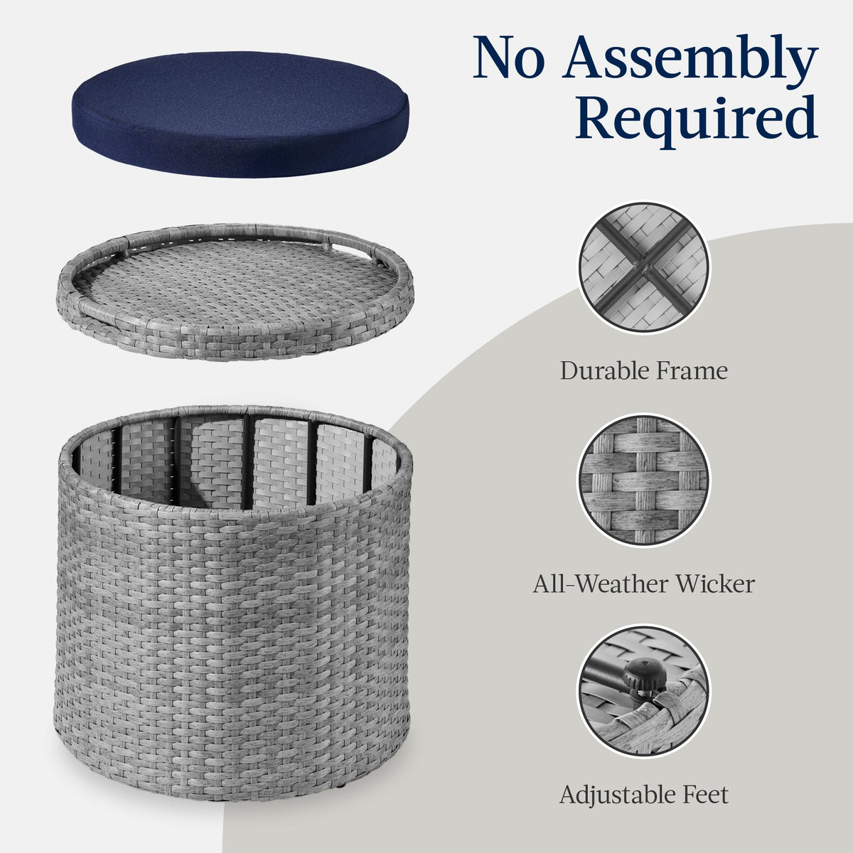 Round Wicker Ottoman, Multipurpose Furniture w/ Removable Cushion