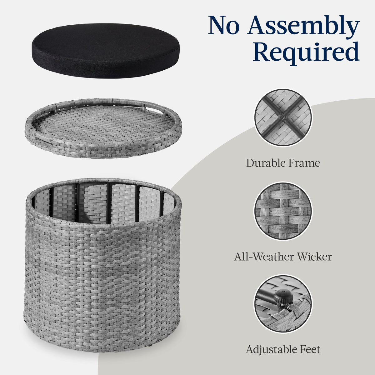 Round Wicker Ottoman, Multipurpose Furniture w/ Removable Cushion