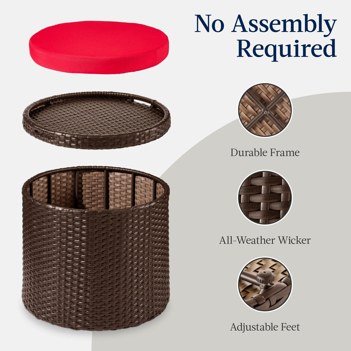 Round Wicker Ottoman, Multipurpose Furniture w/ Removable Cushion