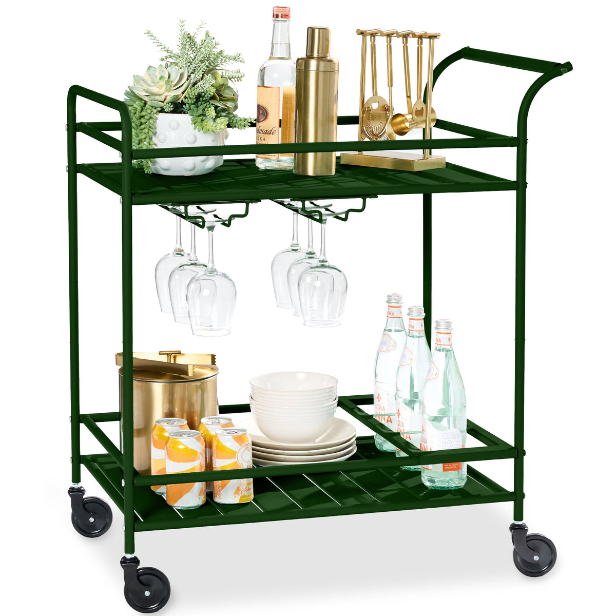 2-Tier Rolling Bar Cart Indoor/Outdoor w/ Shelves, Wine Rack, Locking Wheels