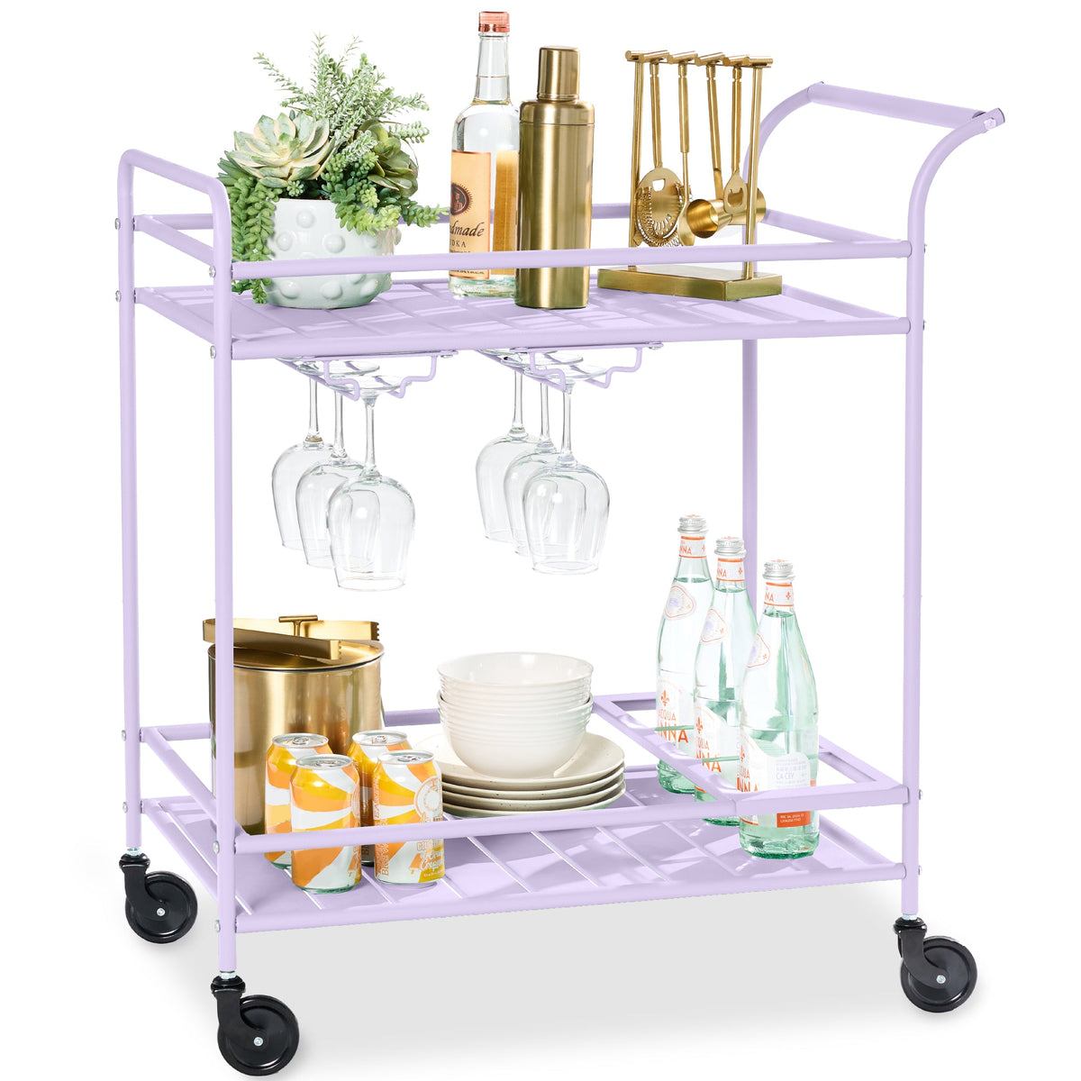 2-Tier Rolling Bar Cart Indoor/Outdoor w/ Shelves, Wine Rack, Locking Wheels