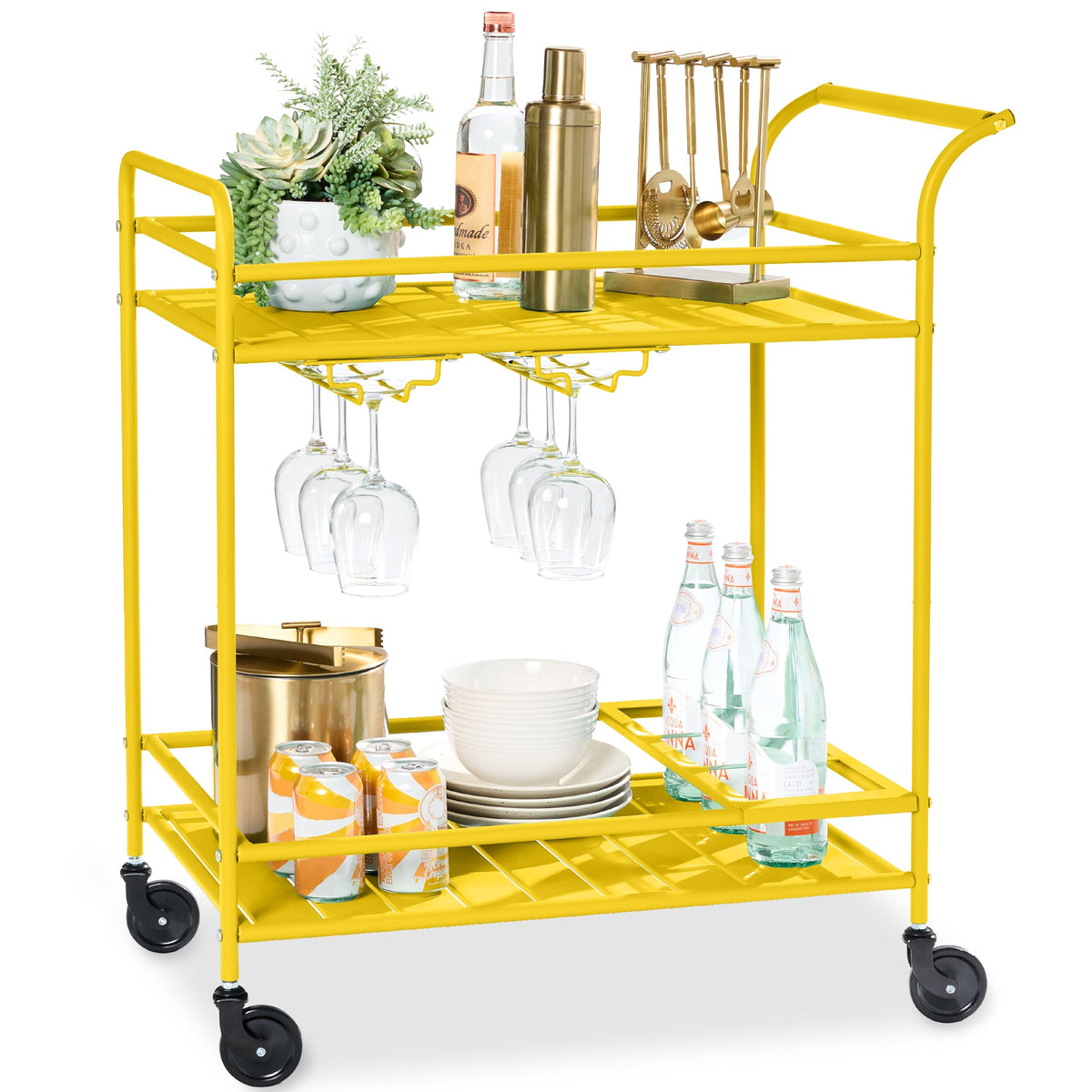 2-Tier Rolling Bar Cart Indoor/Outdoor w/ Shelves, Wine Rack, Locking Wheels