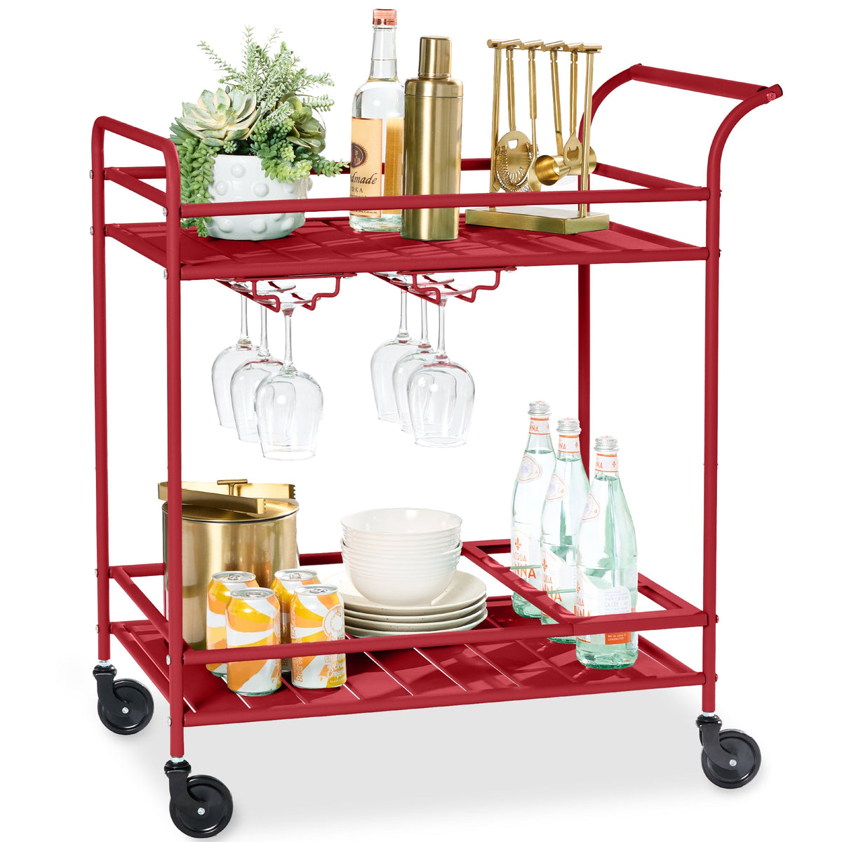 2-Tier Rolling Bar Cart Indoor/Outdoor w/ Shelves, Wine Rack, Locking Wheels
