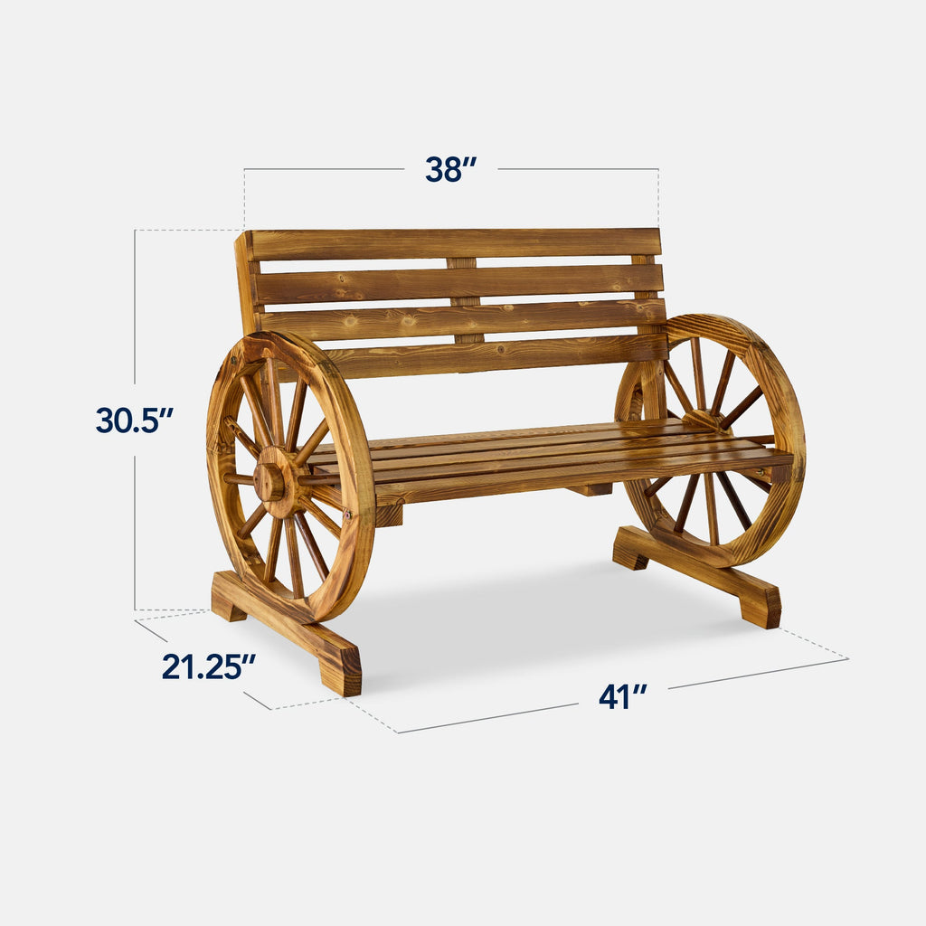2-Person Rustic Wooden Wagon Wheel Bench w/ Slatted Seat and Backrest