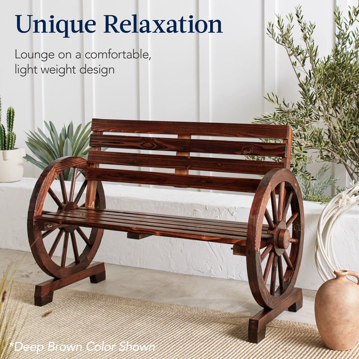 2-Person Rustic Wooden Wagon Wheel Bench w/ Slatted Seat and Backrest