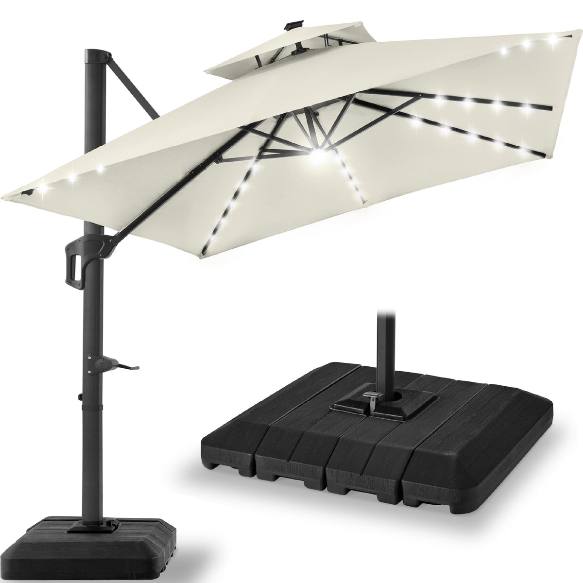 12x12ft 2-Tier Outdoor Solar LED Cantilever Patio Umbrella