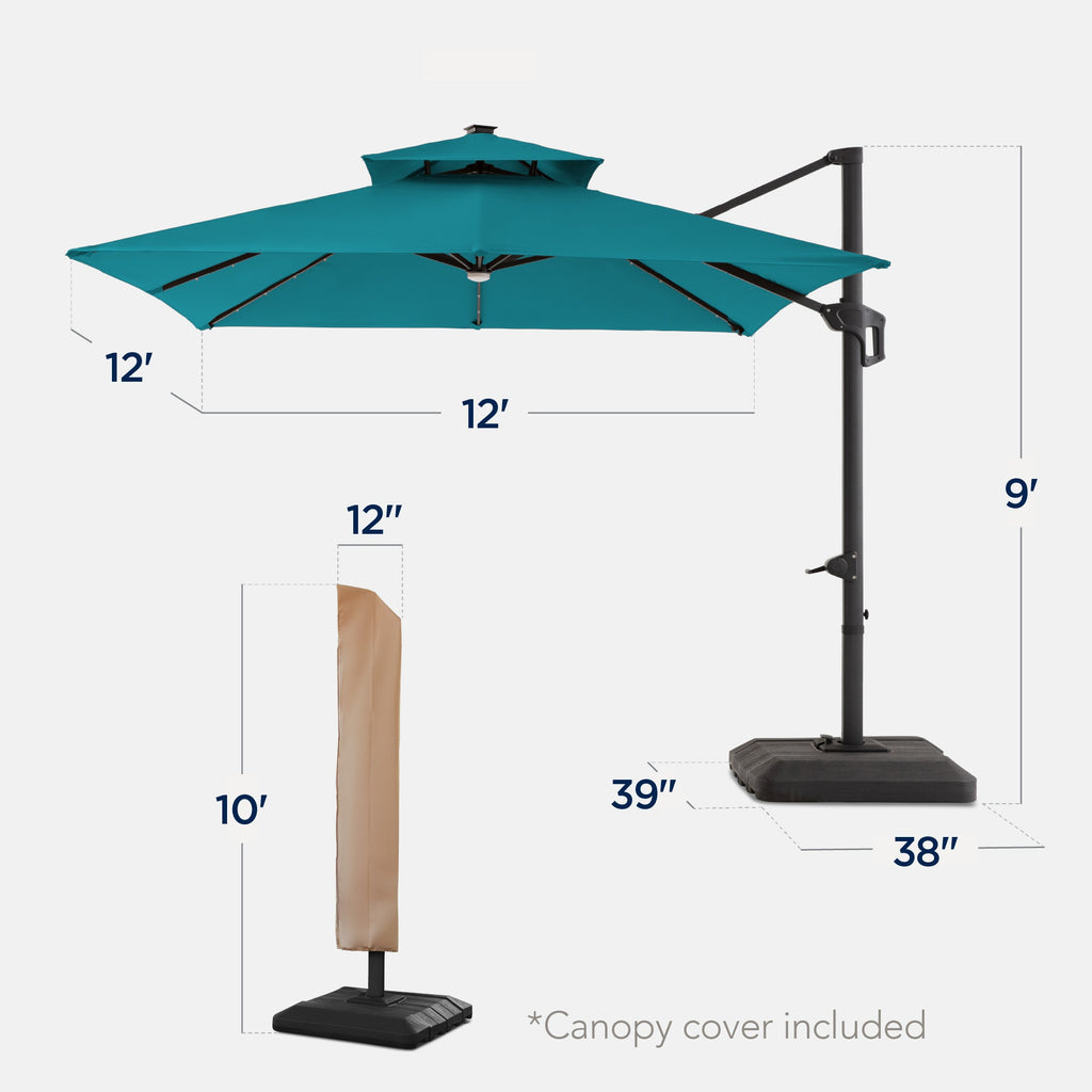 12x12ft 2-Tier Outdoor Solar LED Cantilever Patio Umbrella