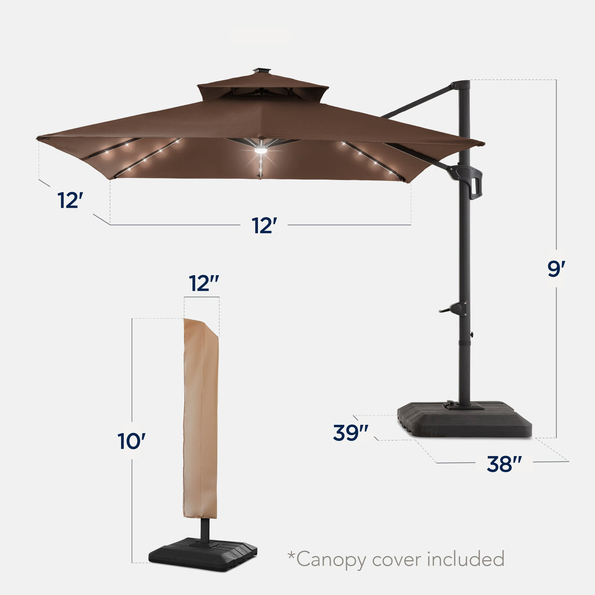 12x12ft 2-Tier Outdoor Solar LED Cantilever Patio Umbrella
