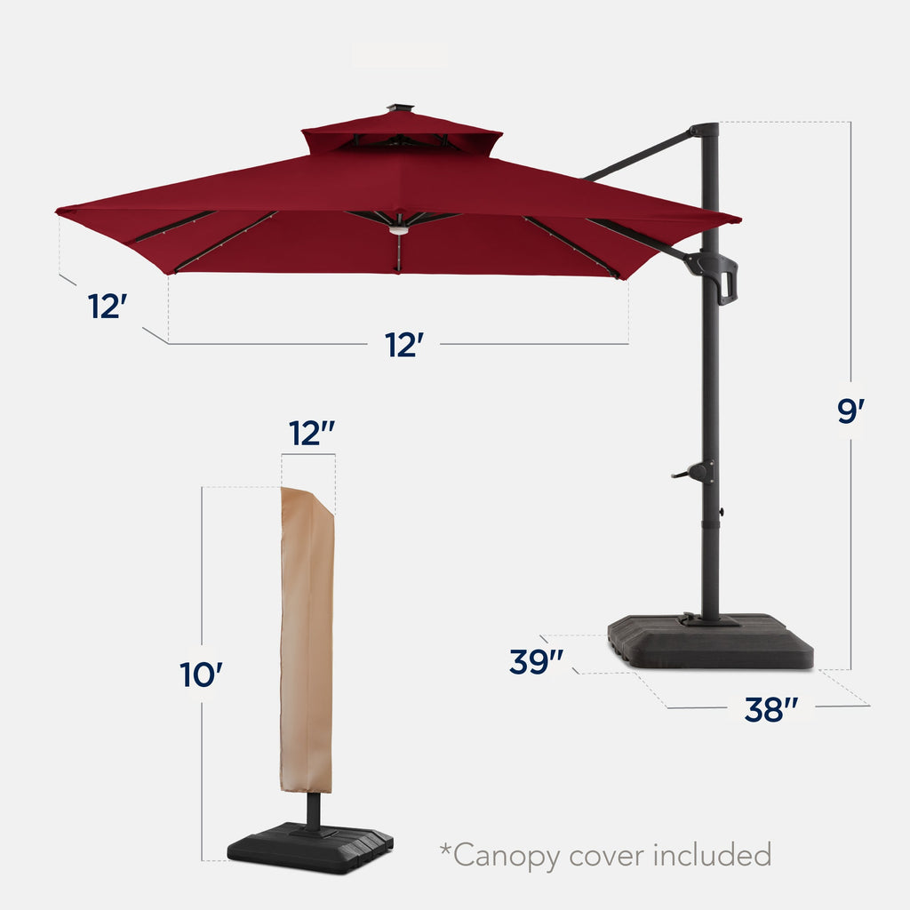 12x12ft 2-Tier Outdoor Solar LED Cantilever Patio Umbrella
