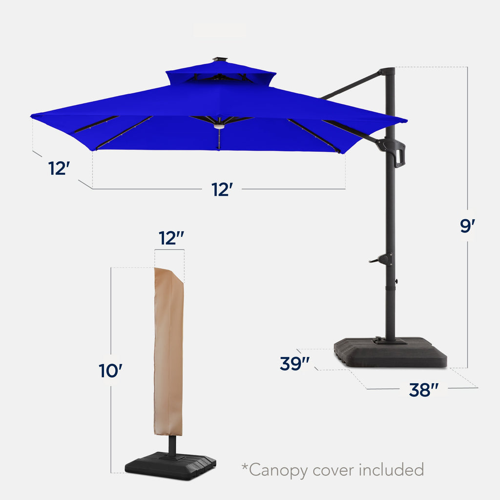 12x12ft 2-Tier Outdoor Solar LED Cantilever Patio Umbrella