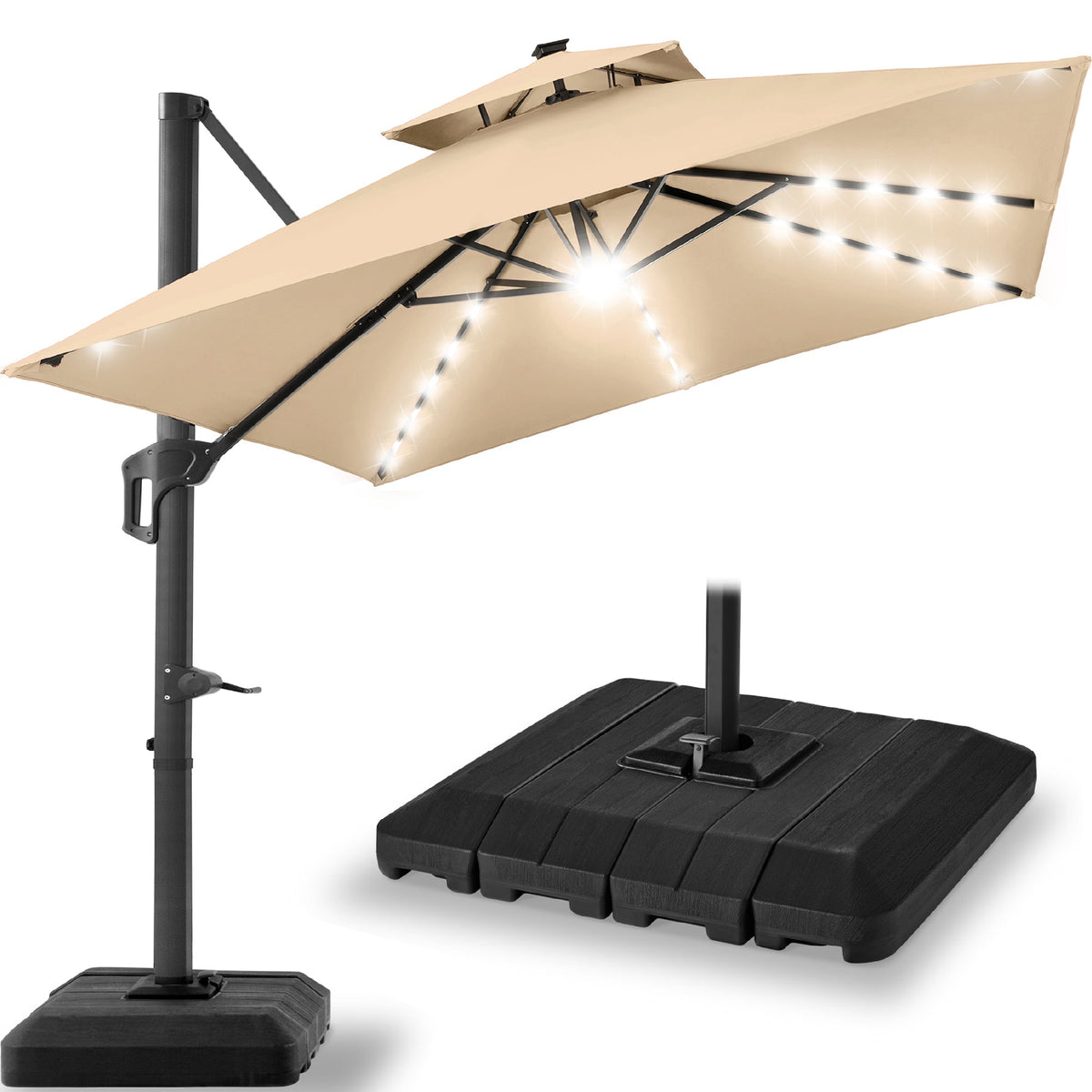 12x12ft 2-Tier Outdoor Solar LED Cantilever Patio Umbrella