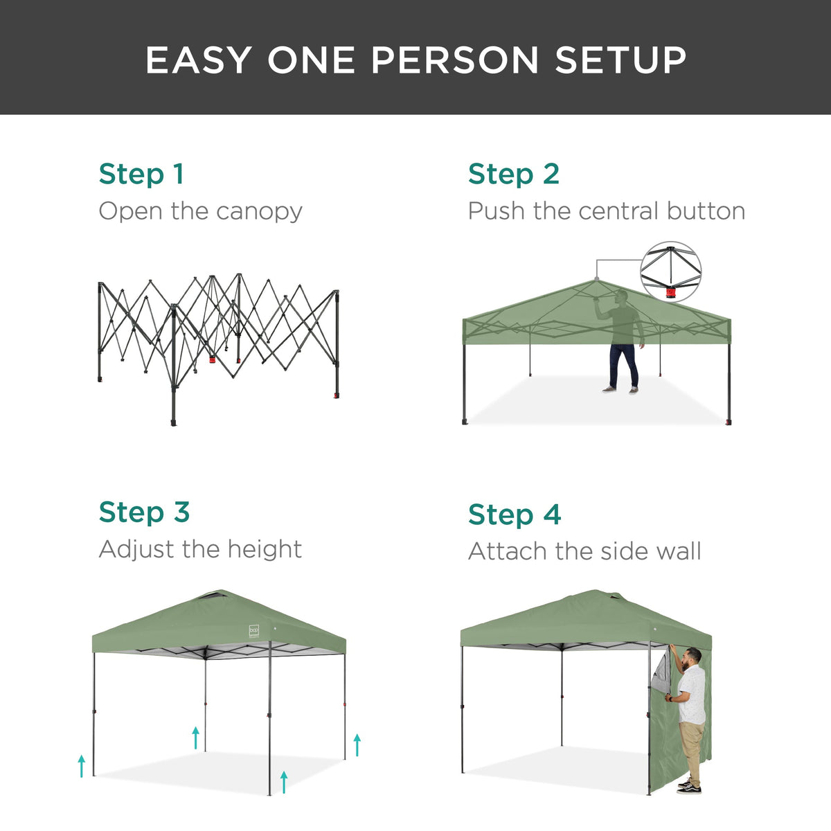 One-Person Setup Instant Pop Up Canopy w/ Side Wall, Carrying Case - 10x10ft