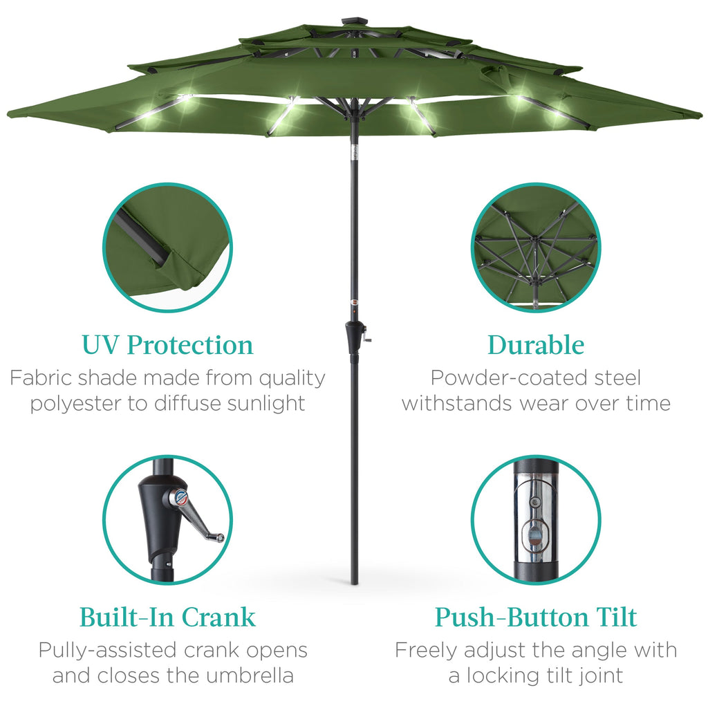 3-Tier Solar Patio Umbrella w/ LED Lights, Tilt Adjustment, Crank - 10ft