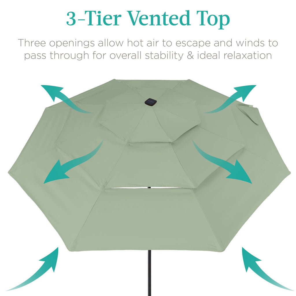 3-Tier Solar Patio Umbrella w/ LED Lights, Tilt Adjustment, Crank - 10ft