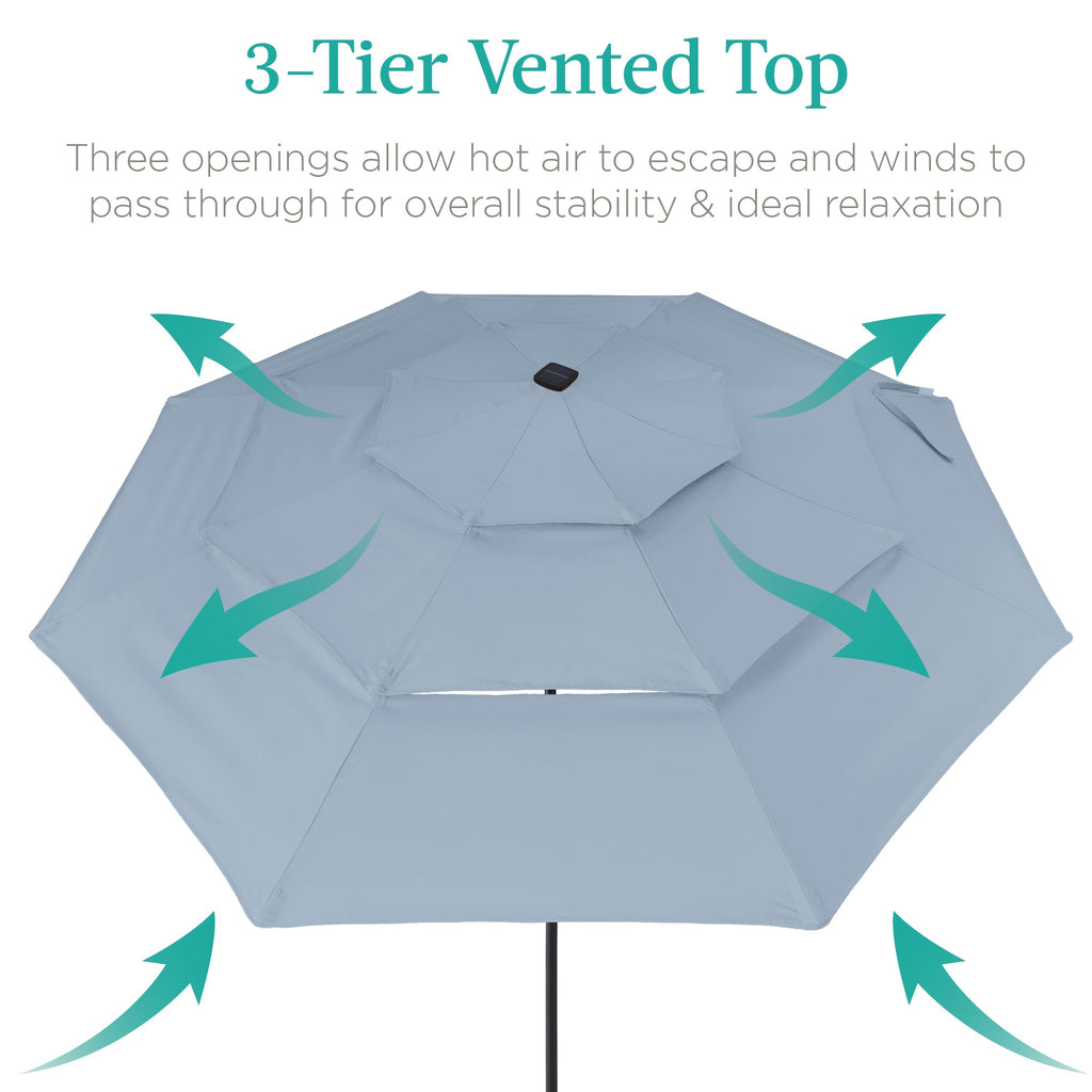 3-Tier Solar Patio Umbrella w/ LED Lights, Tilt Adjustment, Crank - 10ft