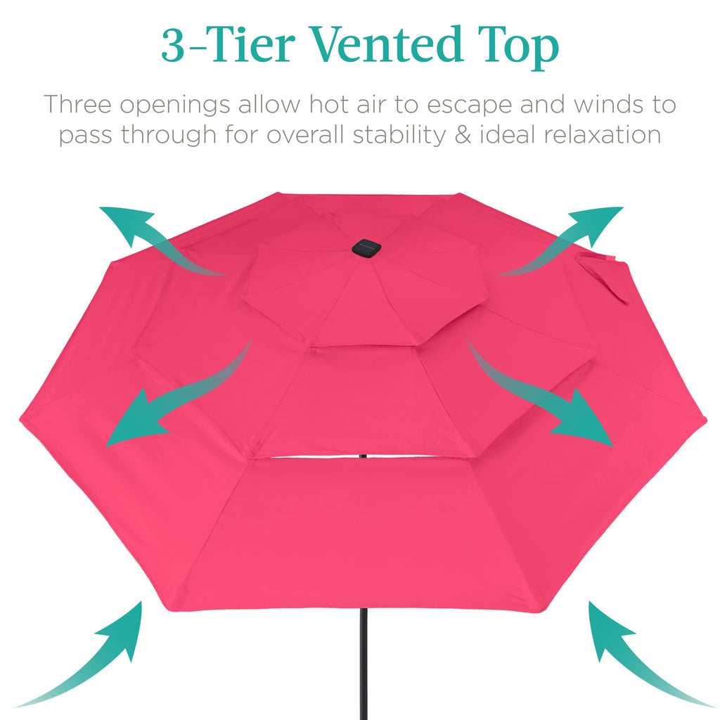 3-Tier Solar Patio Umbrella w/ LED Lights, Tilt Adjustment, Crank - 10ft