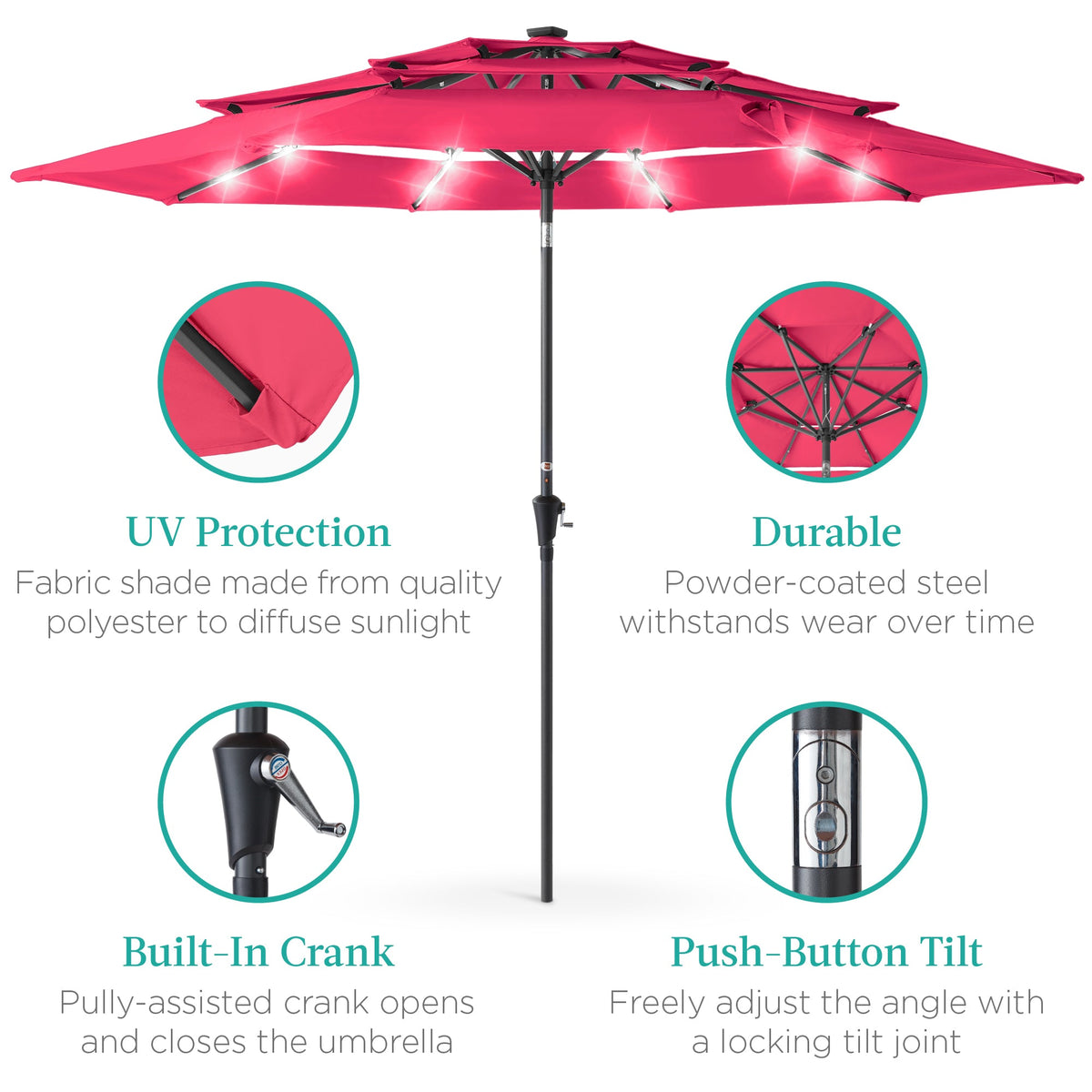 3-Tier Solar Patio Umbrella w/ LED Lights, Tilt Adjustment, Crank - 10ft