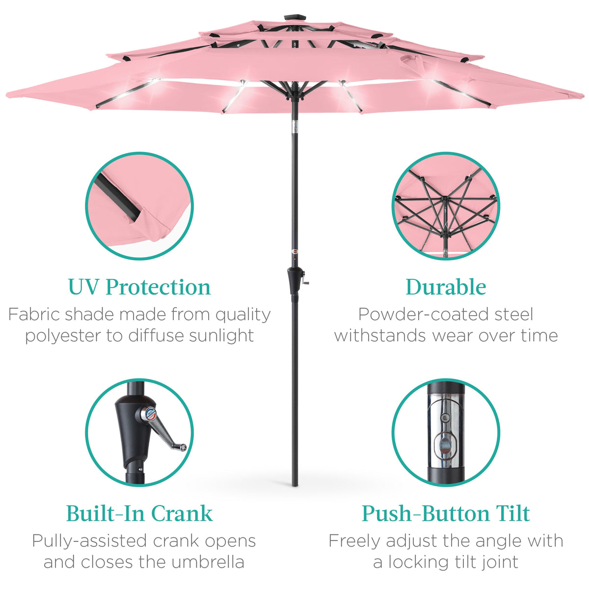 3-Tier Solar Patio Umbrella w/ LED Lights, Tilt Adjustment, Crank - 10ft