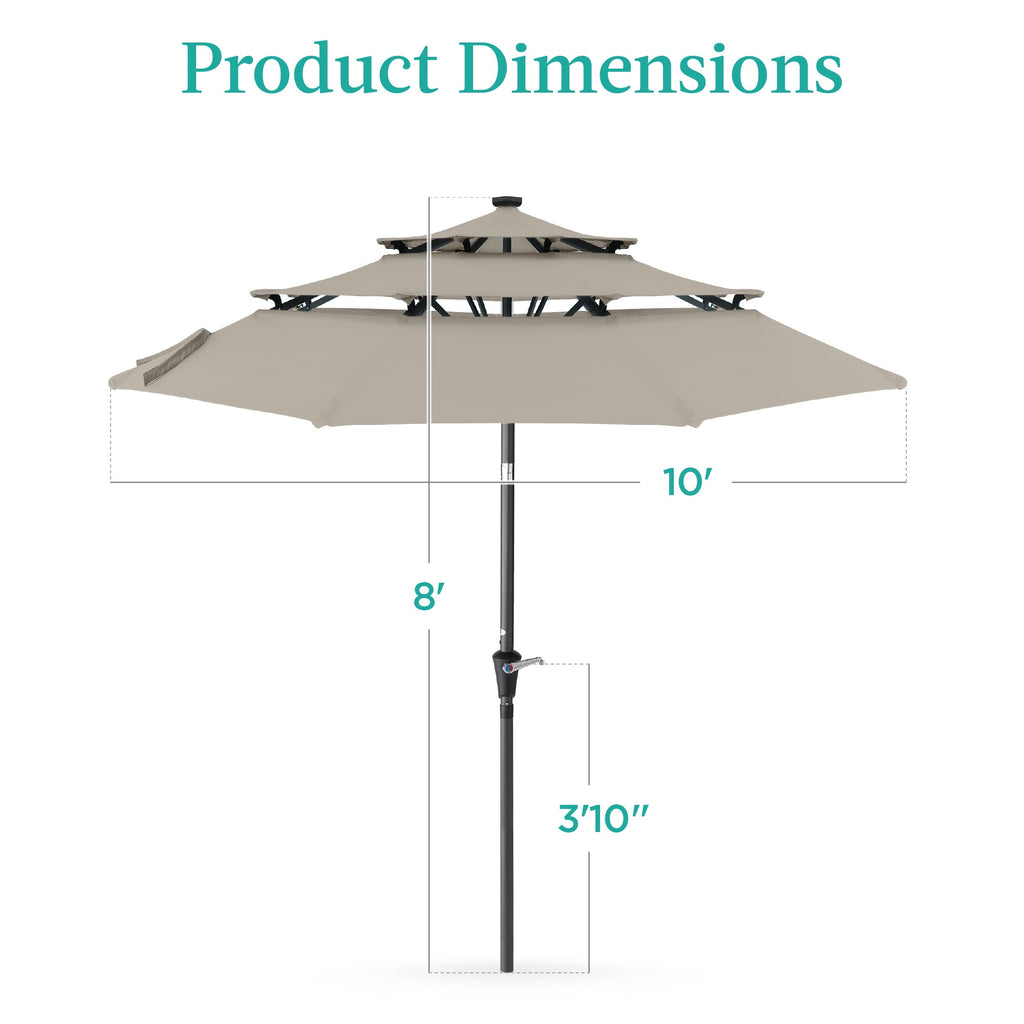 3-Tier Solar Patio Umbrella w/ LED Lights, Tilt Adjustment, Crank - 10ft