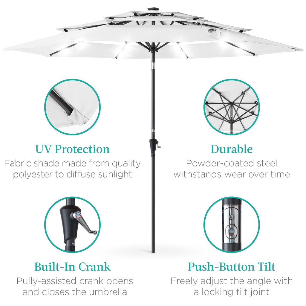 3-Tier Solar Patio Umbrella w/ LED Lights, Tilt Adjustment, Crank - 10ft