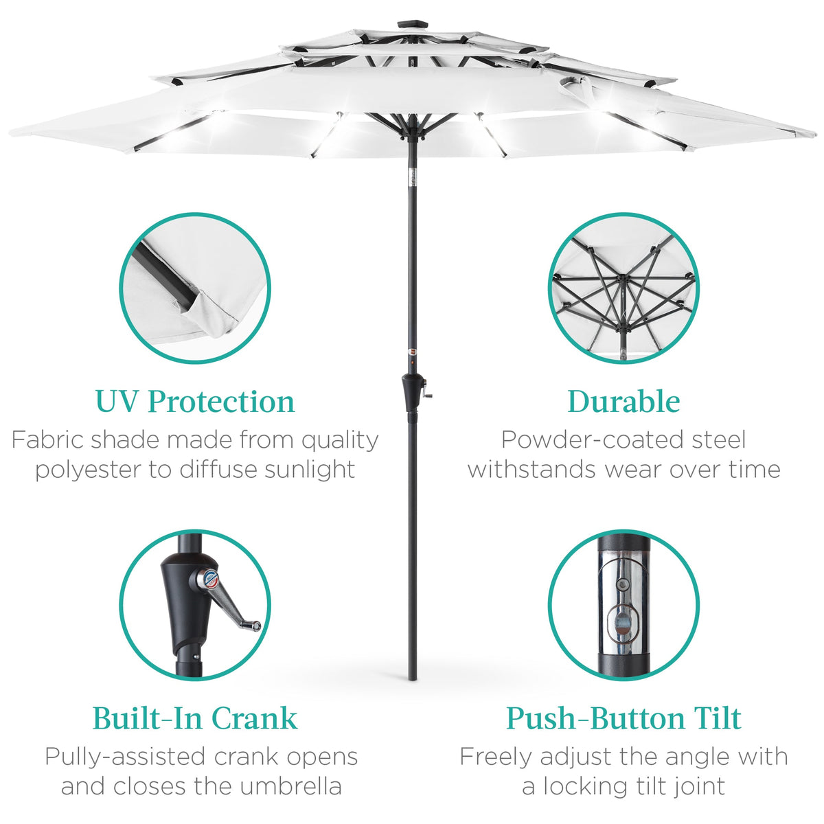 3-Tier Solar Patio Umbrella w/ LED Lights, Tilt Adjustment, Crank - 10ft