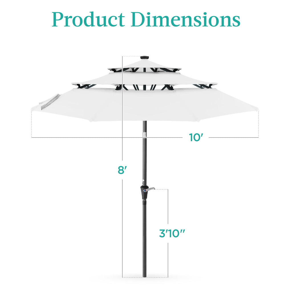 3-Tier Solar Patio Umbrella w/ LED Lights, Tilt Adjustment, Crank - 10ft